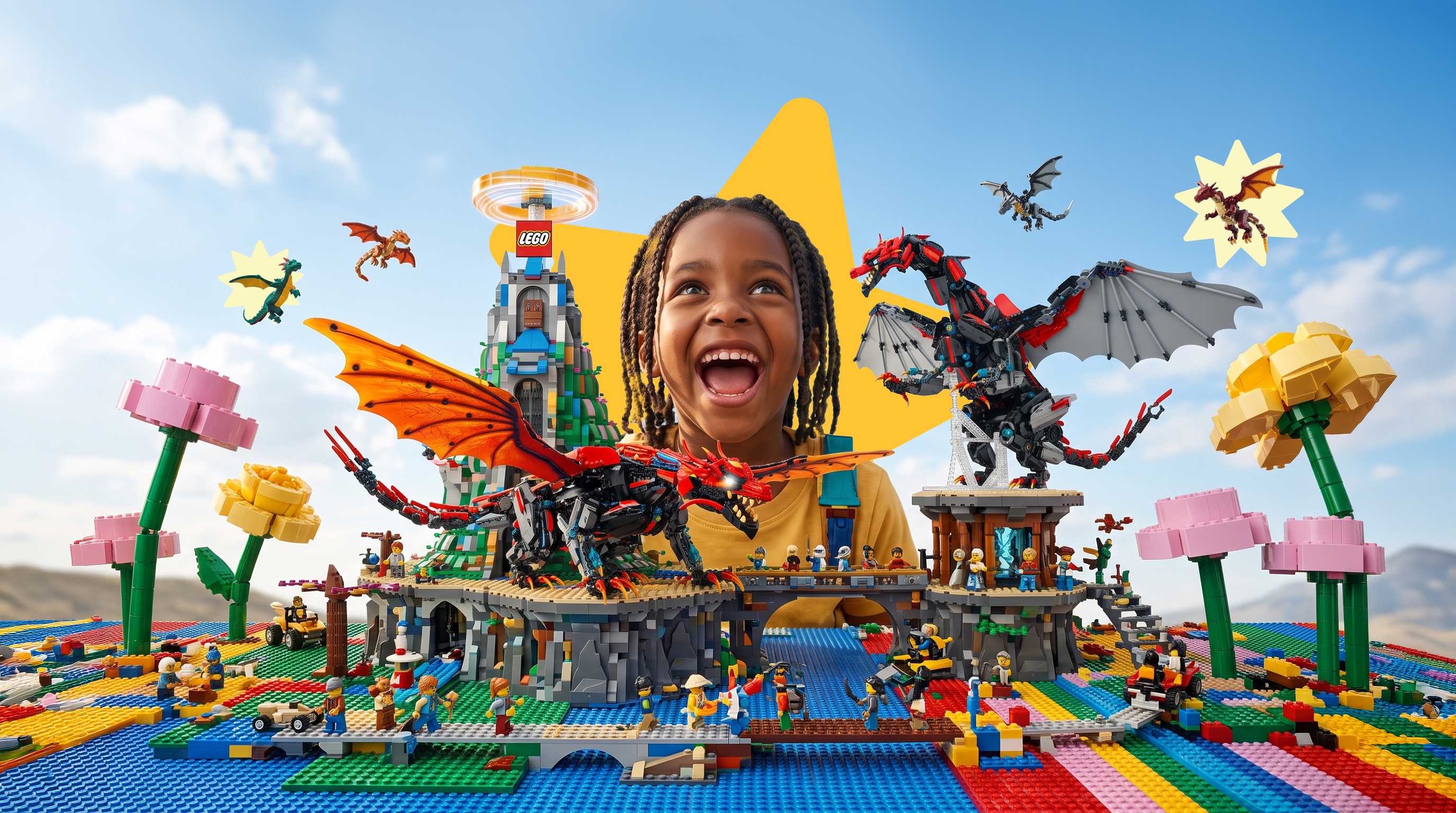 LEGO-inspired fantasy dragon adventure banner featuring a joyful child surrounded by detailed brick-built dragons, a castle, colorful flowers, minifigures, and imaginative play scenes against a bright blue sky.